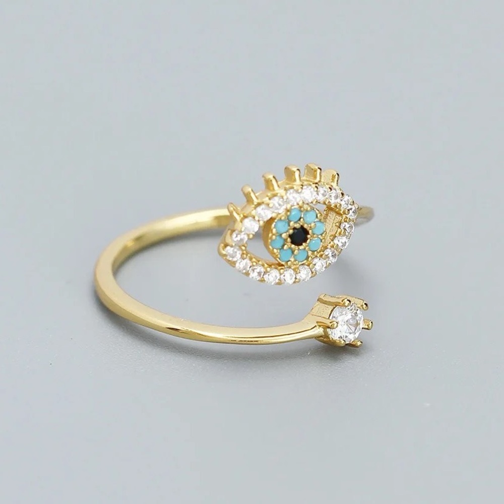 $98 NEW - 18k Gold Sterling Silver Evil Eye Open Ring